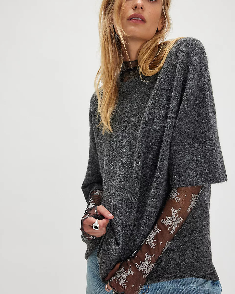 FREE PEOPLE MARGOT SWEATER TEE - CHARCOAL HEATHER