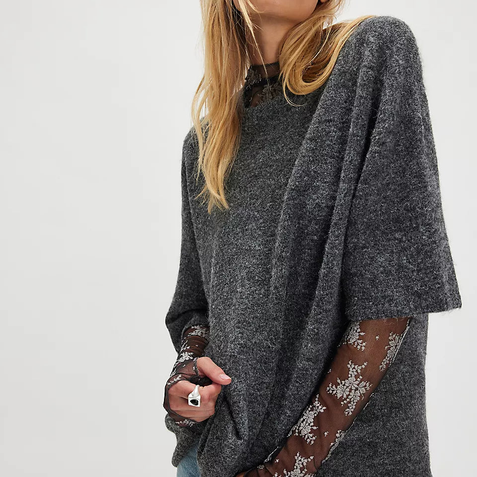 FREE PEOPLE MARGOT SWEATER TEE - CHARCOAL HEATHER