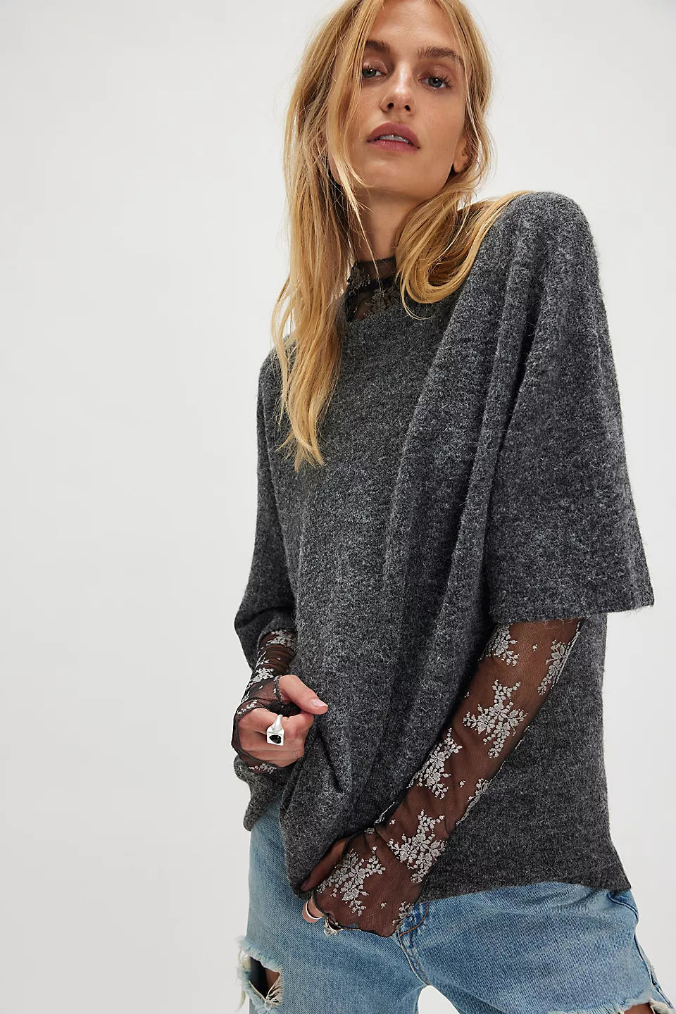 FREE PEOPLE MARGOT SWEATER TEE - CHARCOAL HEATHER