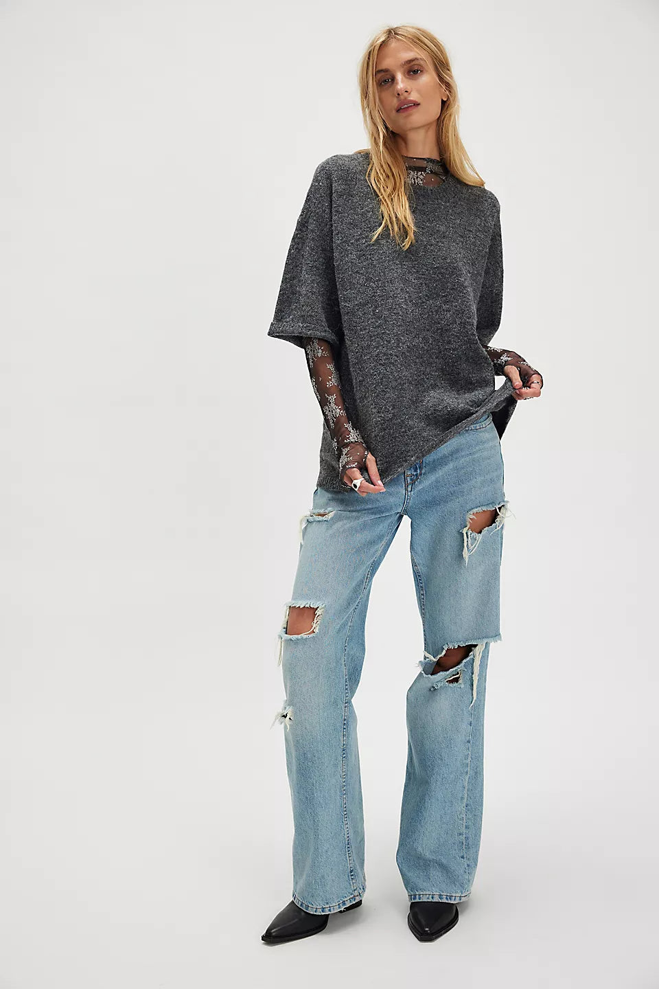 FREE PEOPLE MARGOT SWEATER TEE - CHARCOAL HEATHER