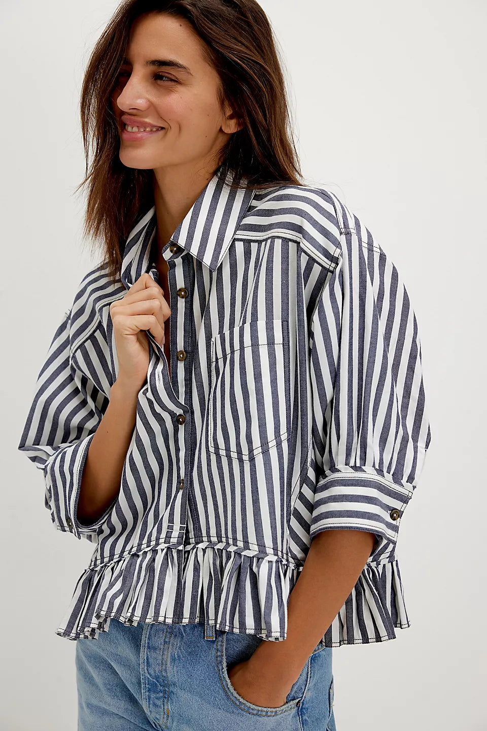 FREE PEOPLE BAILEY STRIPE SHIRT - NAUTICAL NAVY COMBO
