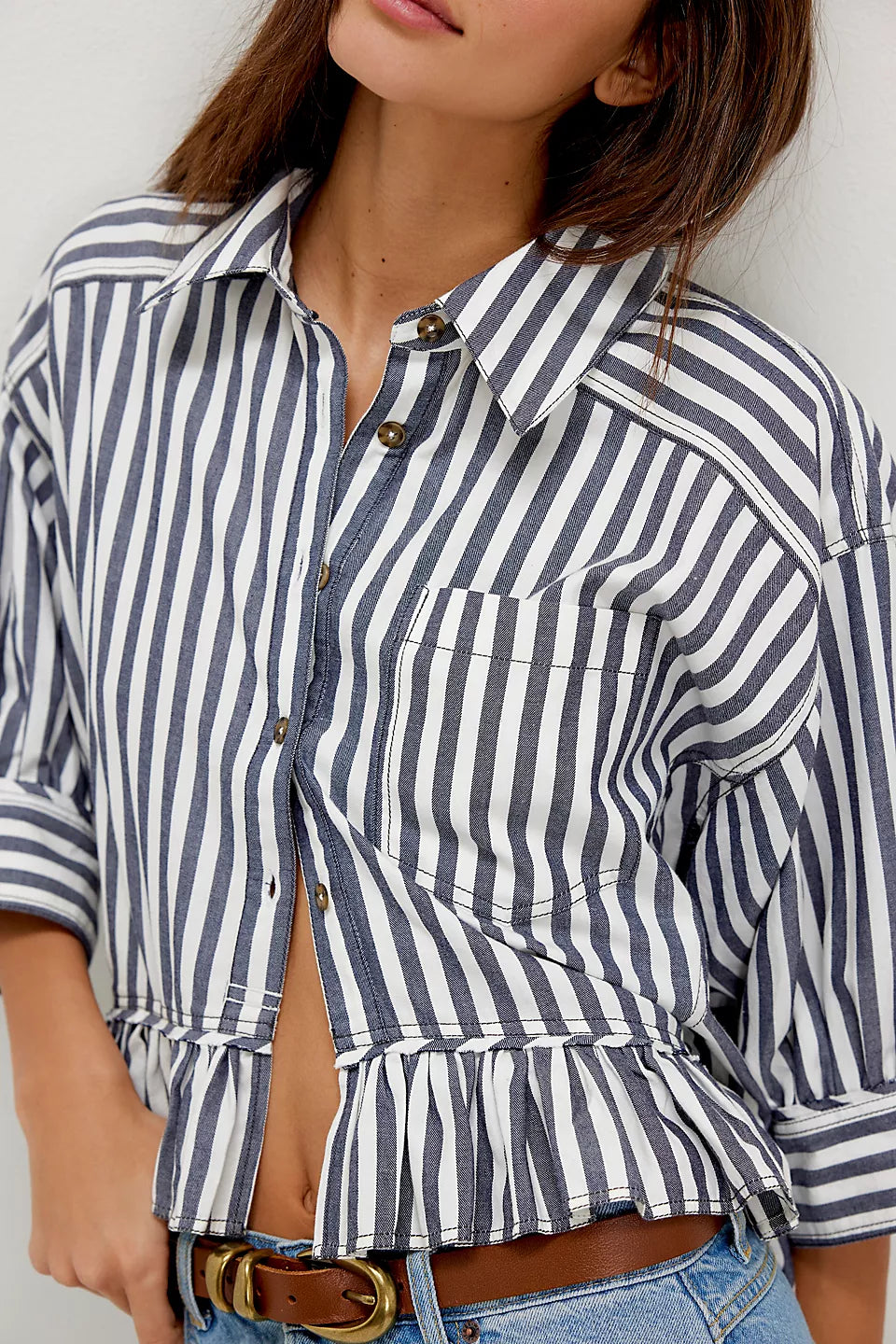 FREE PEOPLE BAILEY STRIPE SHIRT - NAUTICAL NAVY COMBO