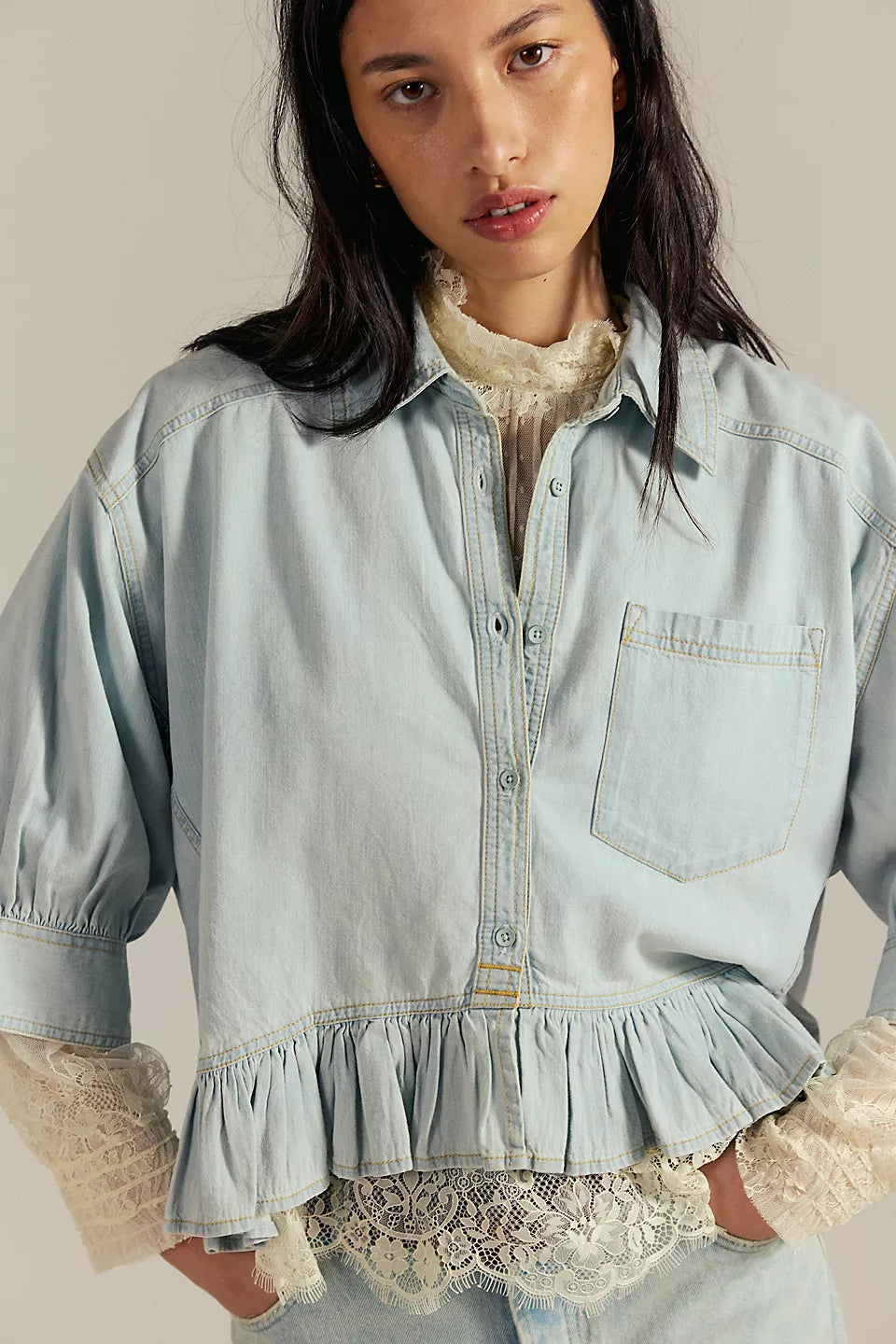 FREE PEOPLE BAILEY DENIM SHIRT - LIGHT TINT WASH