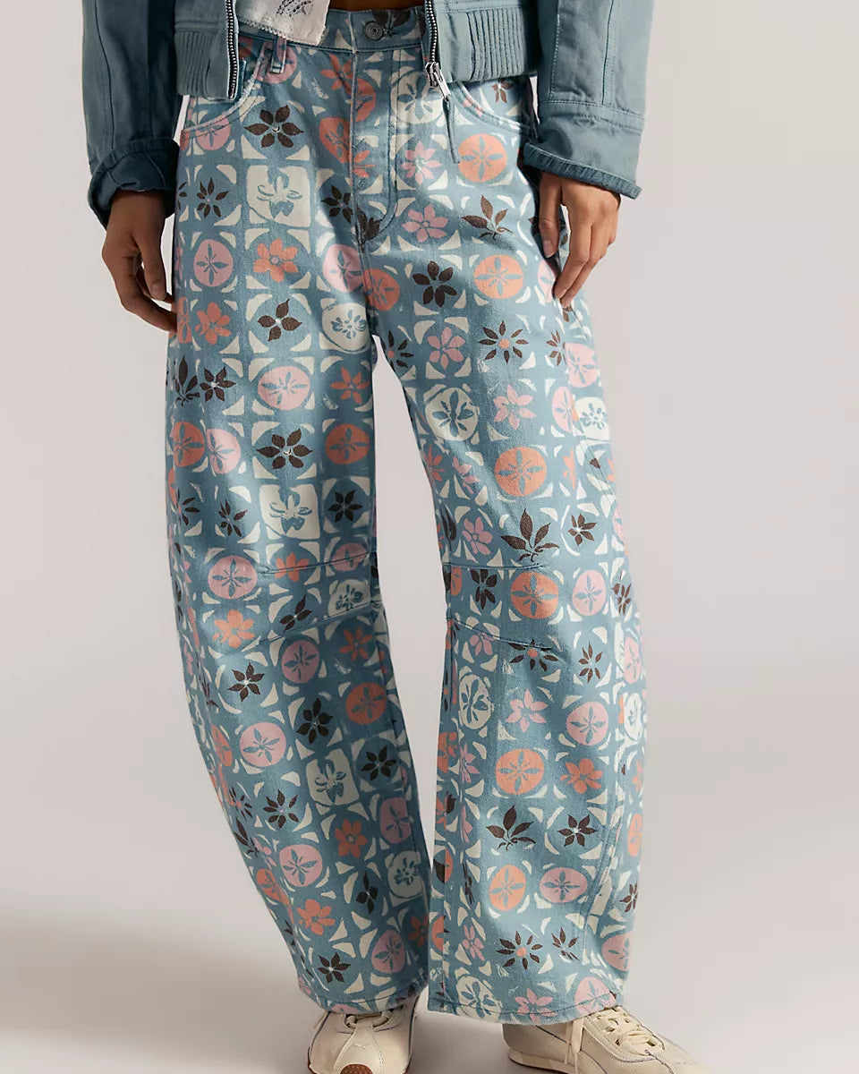 FREE PEOPLE GOOD LUCK PRINTED BARREL JEANS - JADE COMBO