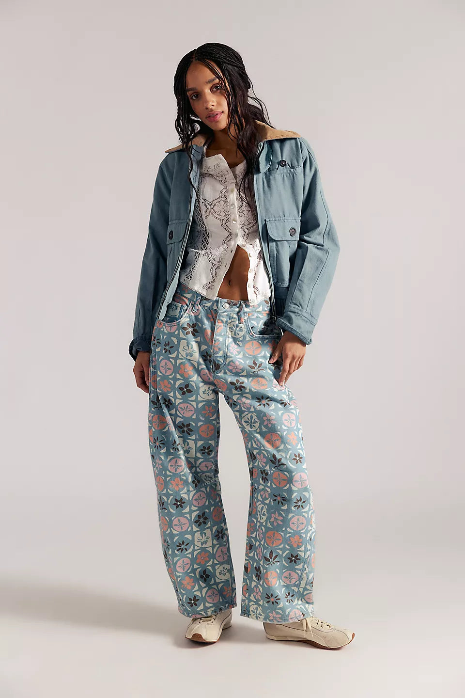 FREE PEOPLE GOOD LUCK PRINTED BARREL JEANS - JADE COMBO