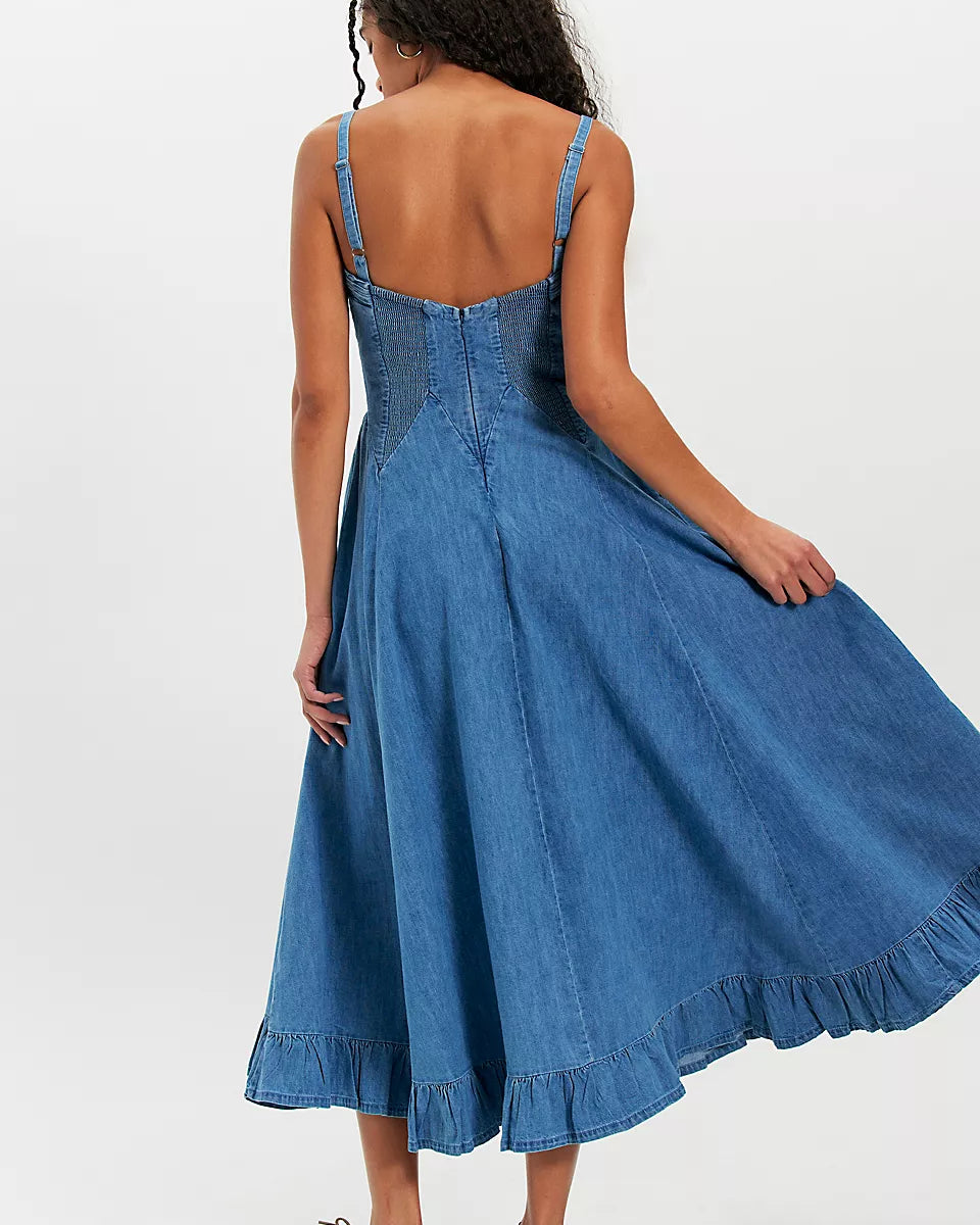 FREE PEOPLE ANOTHER SEASON DENIM MIDI DRESS - BOARDWALK BLUE