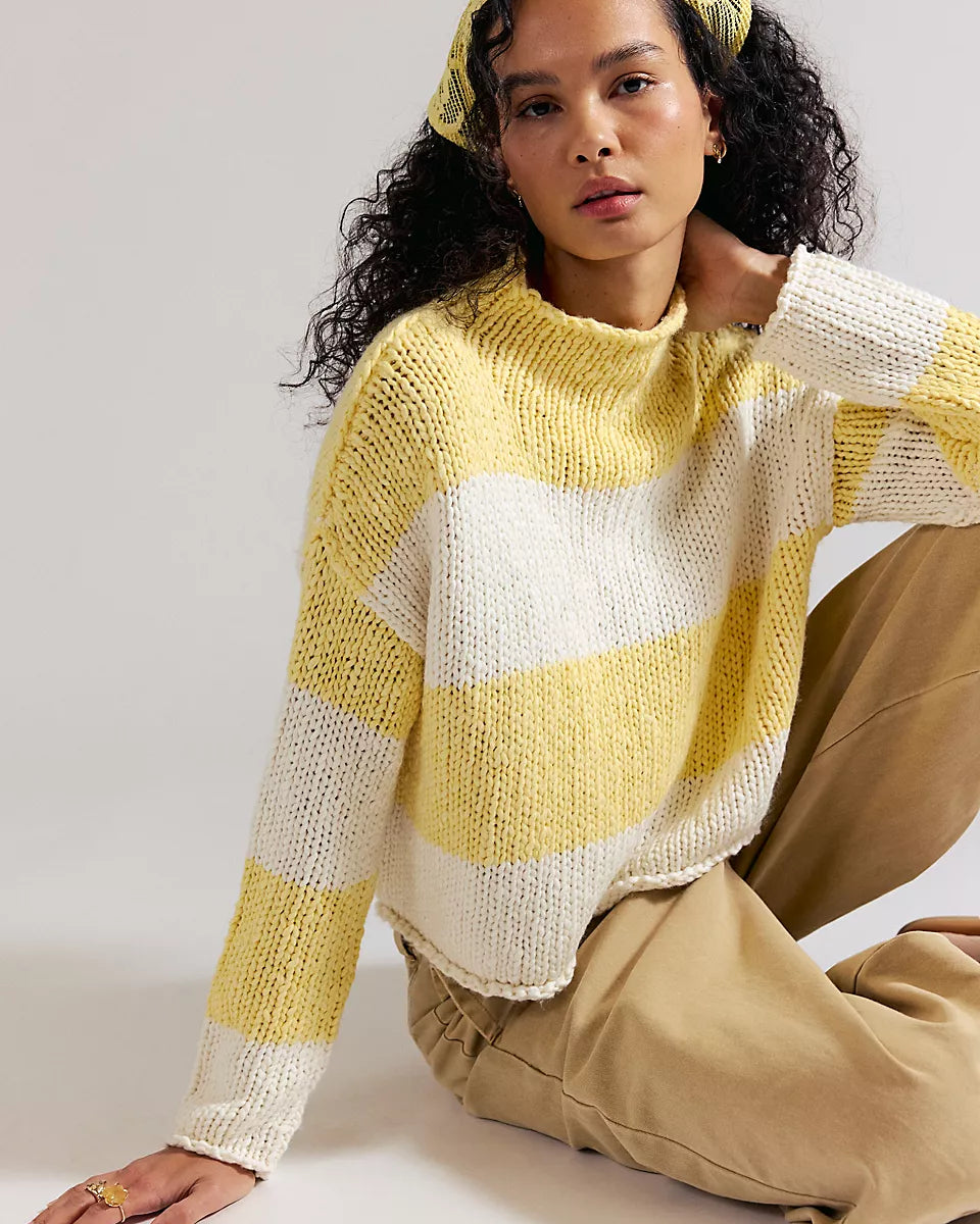 FREE PEOPLE RUGBY STRIPE OPAL SWEATER - LEMON COMBO