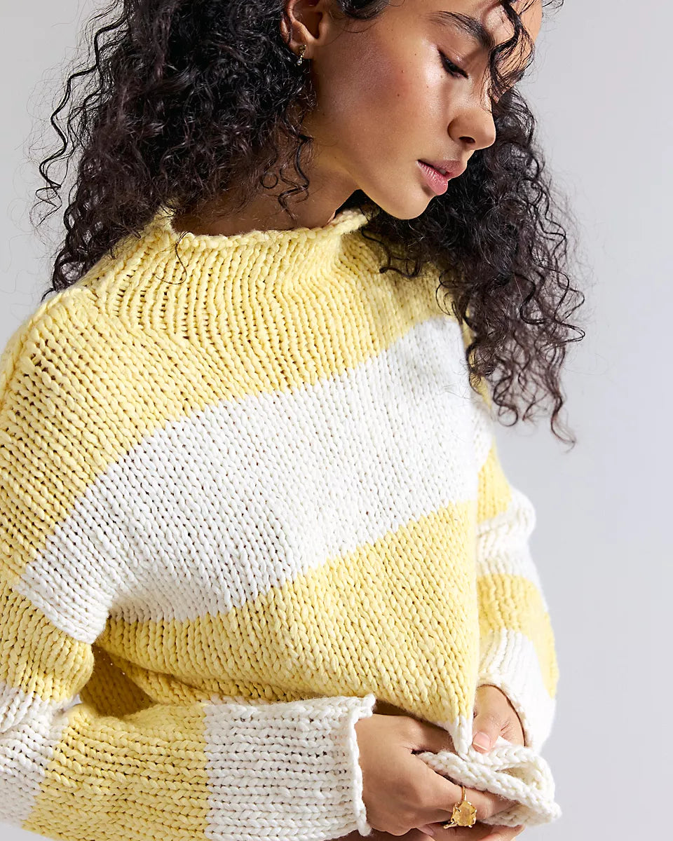 FREE PEOPLE RUGBY STRIPE OPAL SWEATER - LEMON COMBO