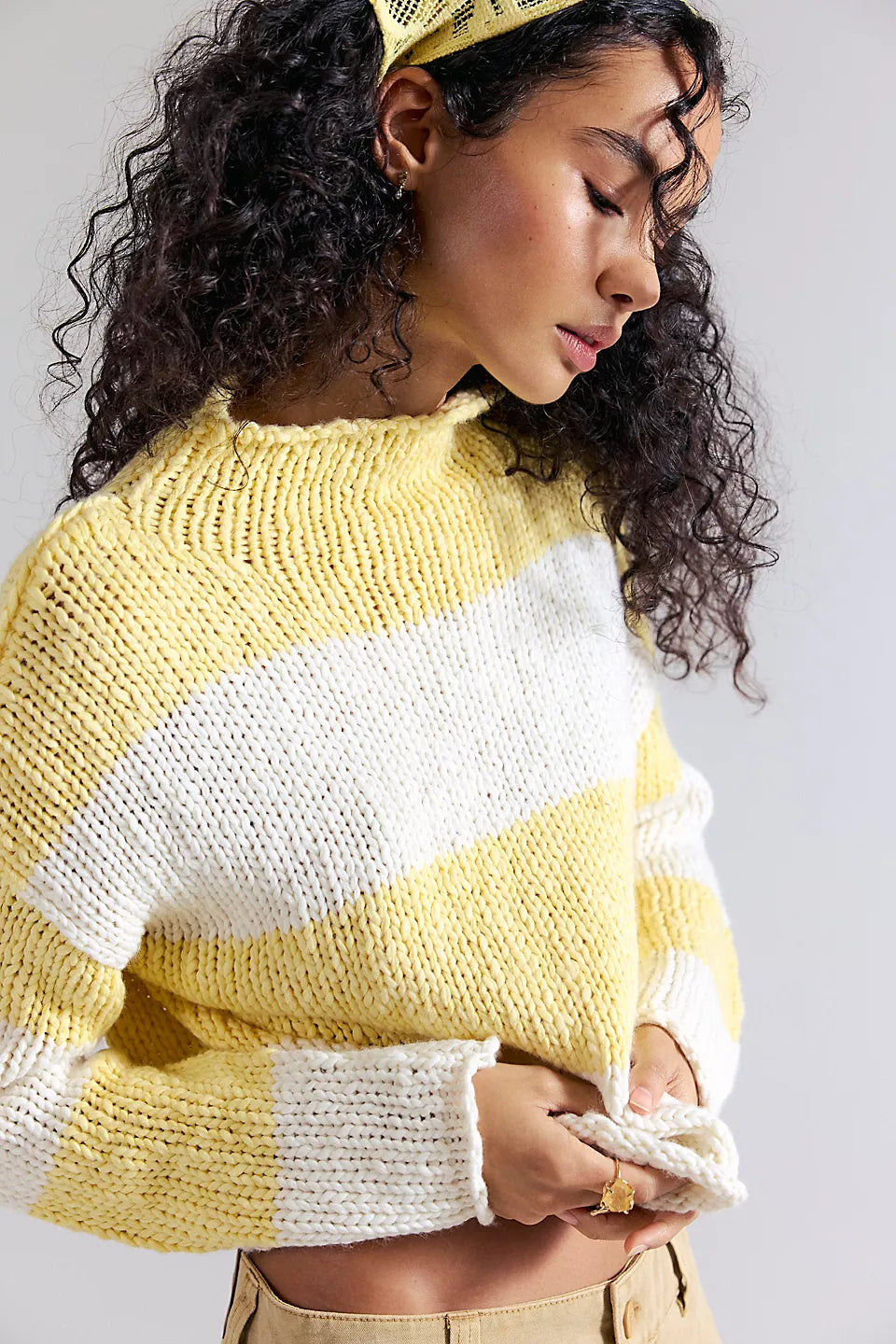 FREE PEOPLE RUGBY STRIPE OPAL SWEATER - LEMON COMBO