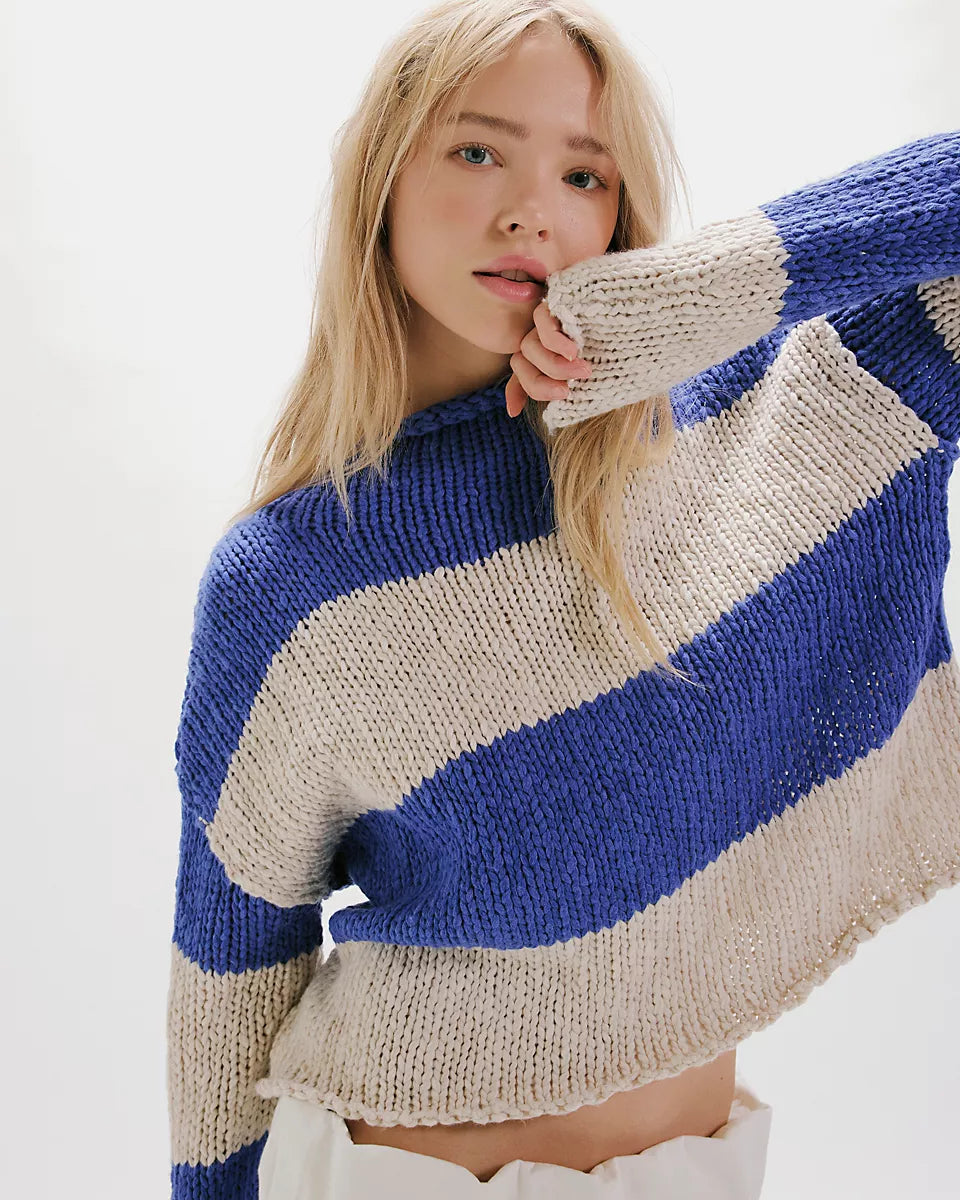 FREE PEOPLE RUGBY STRIPE OPAL SWEATER - COBALT COMBO