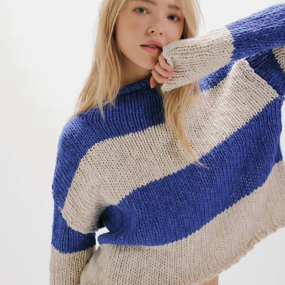 FREE PEOPLE RUGBY STRIPE OPAL SWEATER - COBALT COMBO