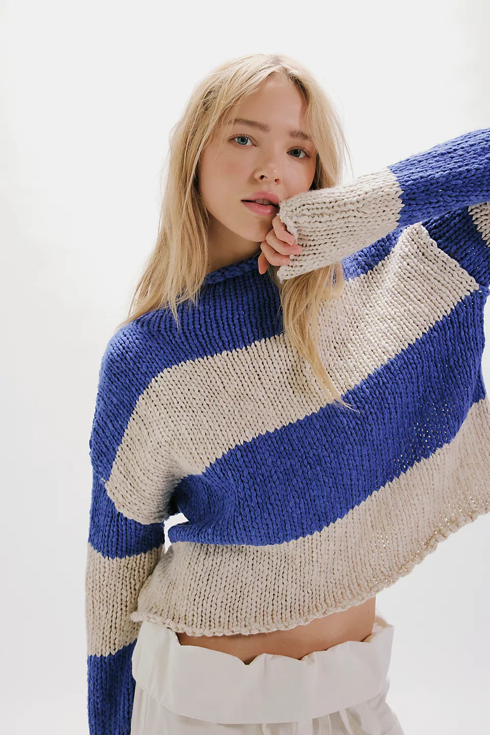FREE PEOPLE RUGBY STRIPE OPAL SWEATER - COBALT COMBO