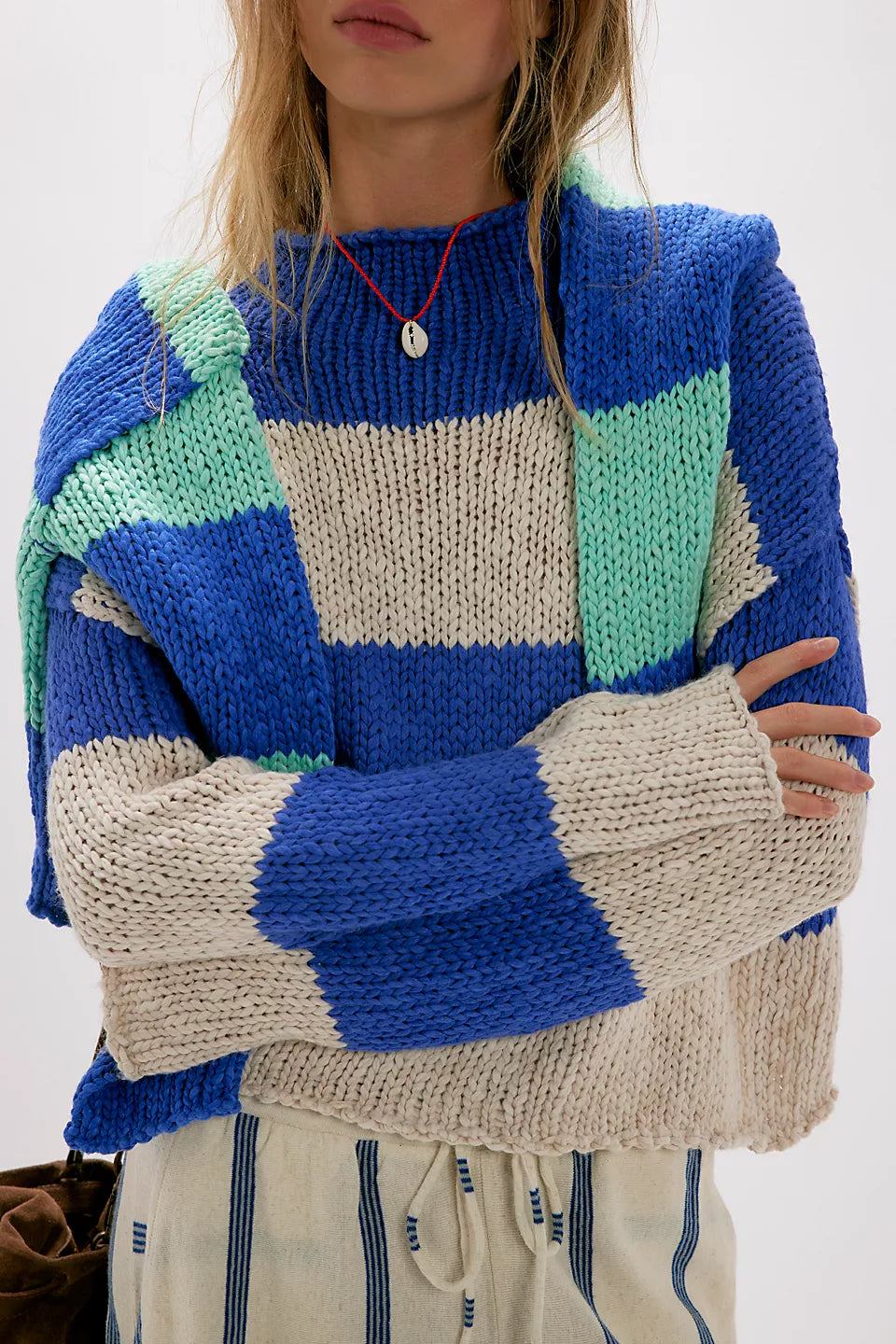 FREE PEOPLE RUGBY STRIPE OPAL SWEATER - COBALT COMBO