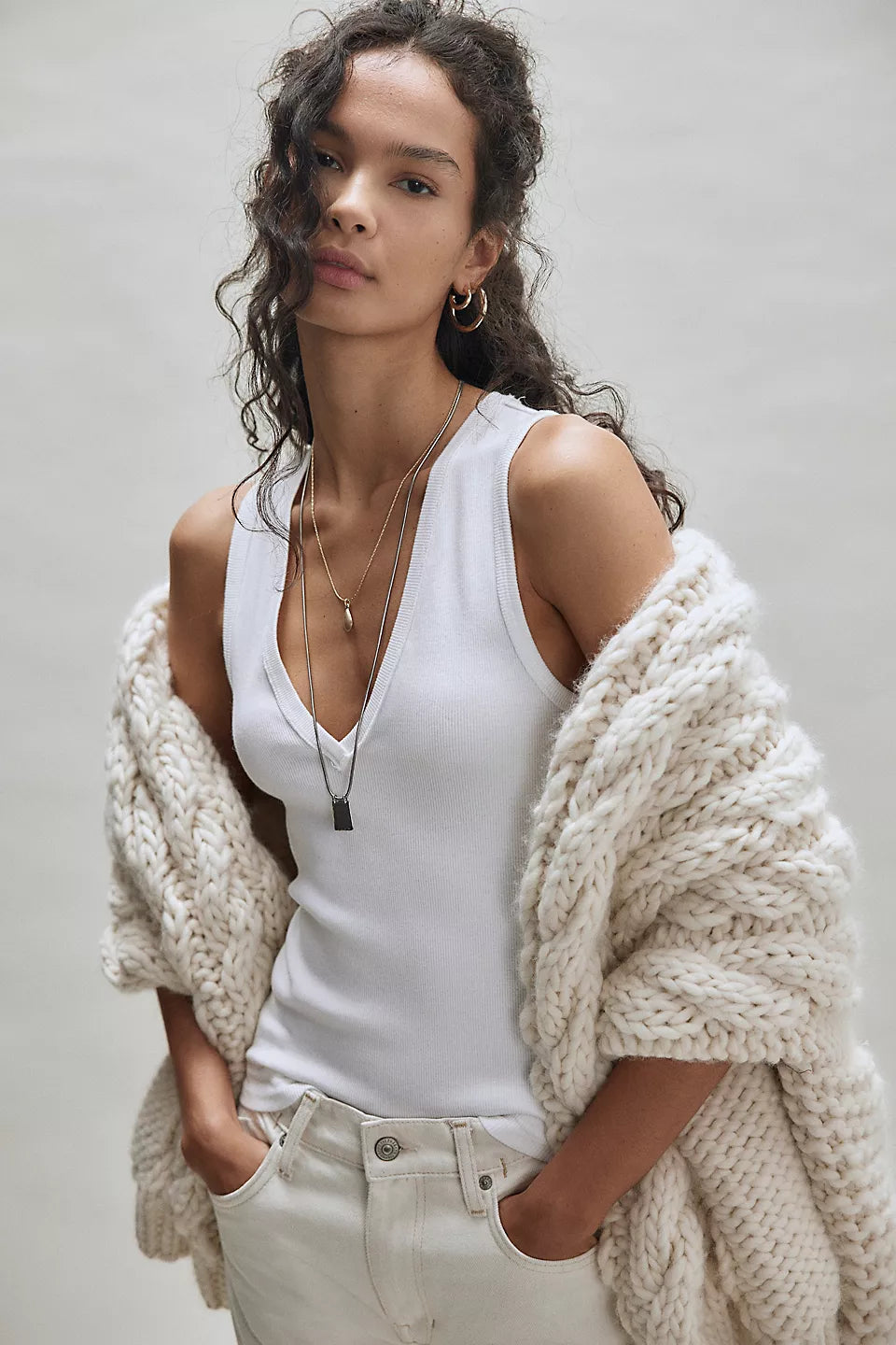 FREE PEOPLE V NECK NERIA TANK - IVORY