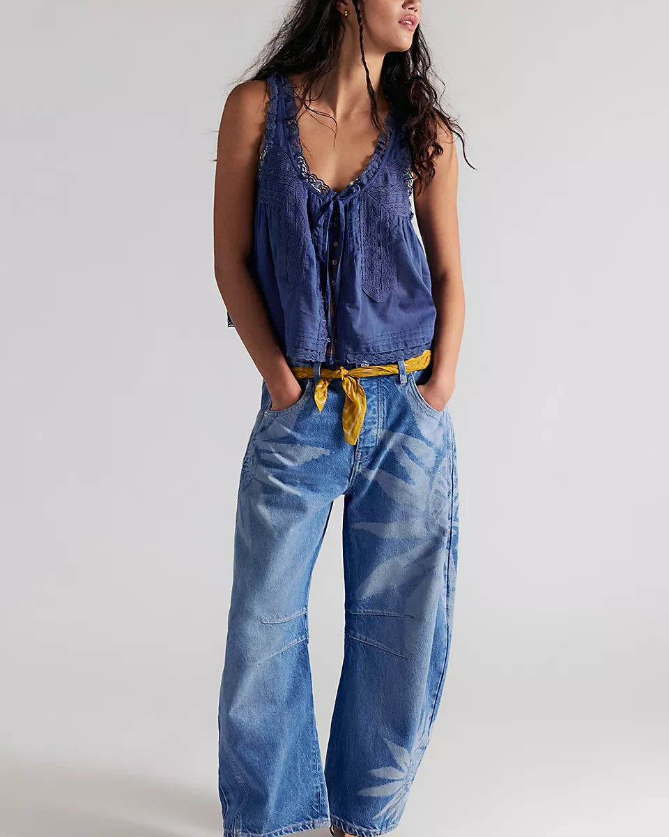 FREE PEOPLE GOOD LUCK PRINTED BARREL JEANS - SUN FADE