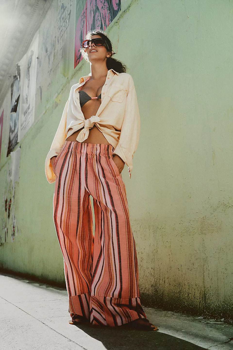 FREE PEOPLE DAYS END SOLAR LINEN PANTS - SOFT CORAL COMBO