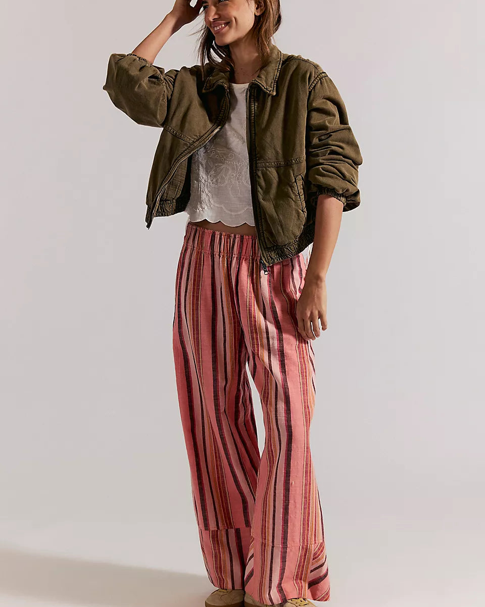 FREE PEOPLE DAYS END SOLAR LINEN PANTS - SOFT CORAL COMBO