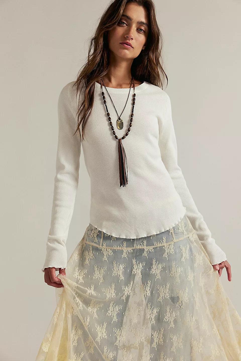 FREE PEOPLE EASY DOES IT LONG SLEEVE TEE - WHITE