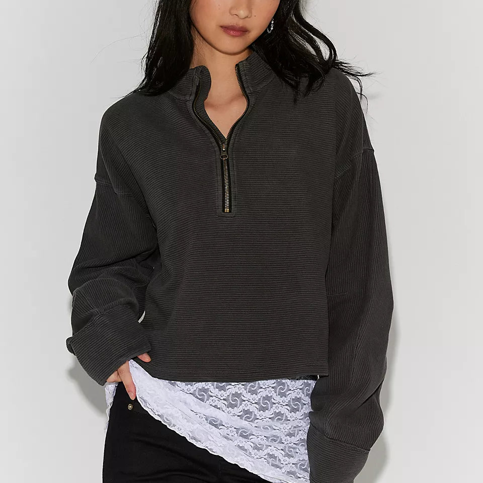 FREE PEOPLE CELESTE QUARTERZIP PULLOVER - BLACK
