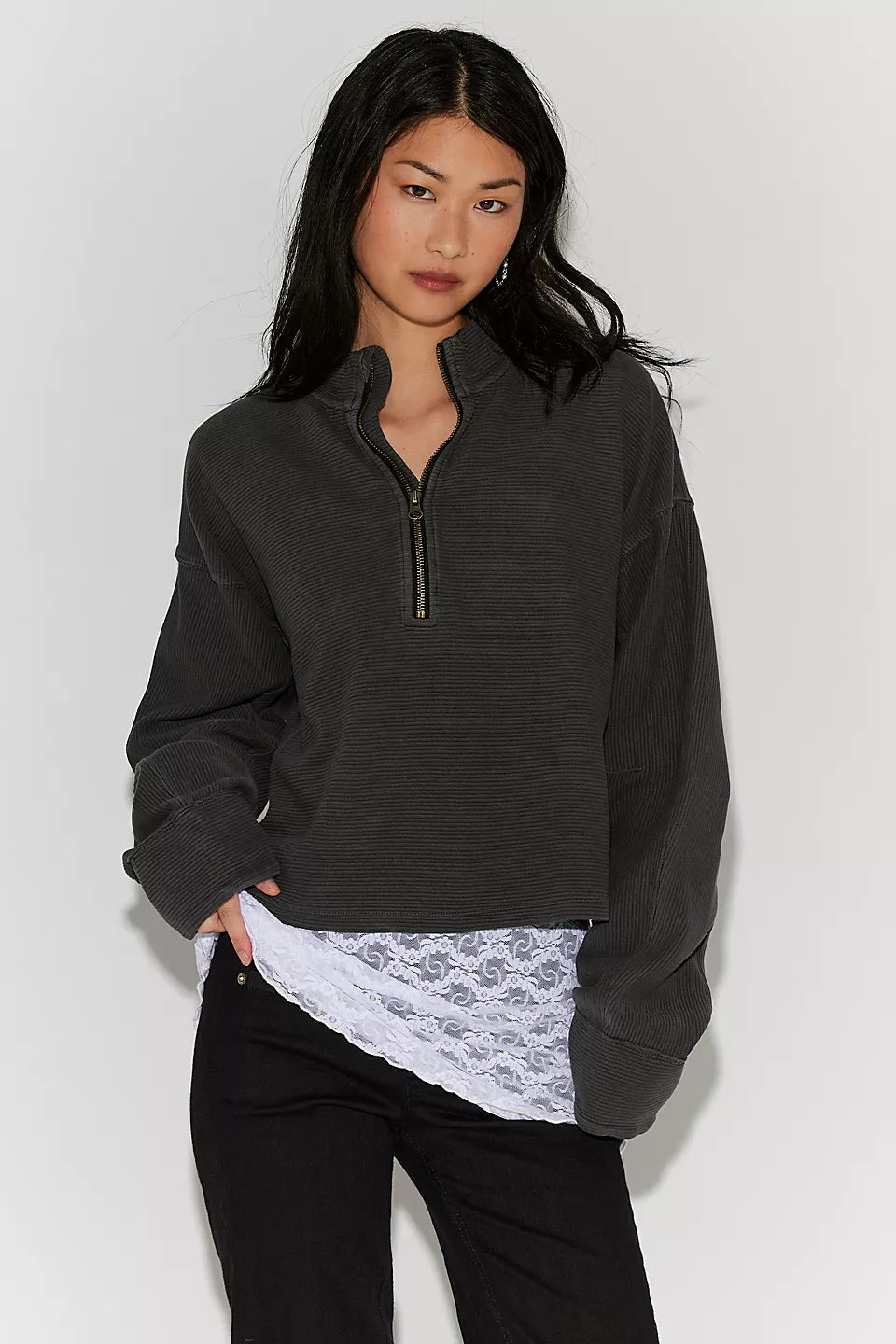 FREE PEOPLE CELESTE QUARTERZIP PULLOVER - BLACK