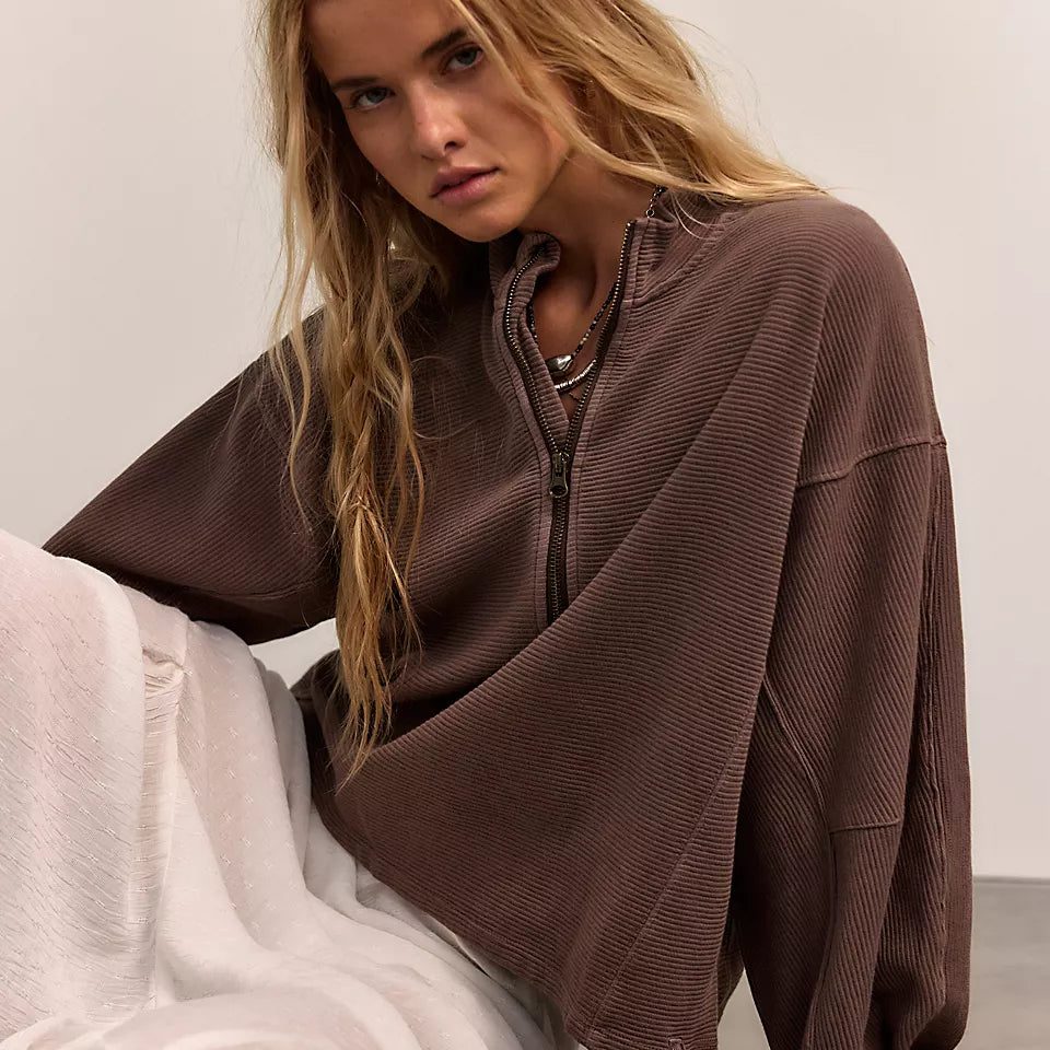 FREE PEOPLE CELESTE QUARTERZIP PULLOVER - MOCHACHINNO