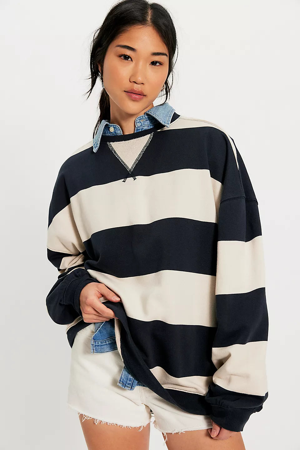 FREE PEOPLE CLASSIC STRIPE CREW WIDE  - BLACK COMBO