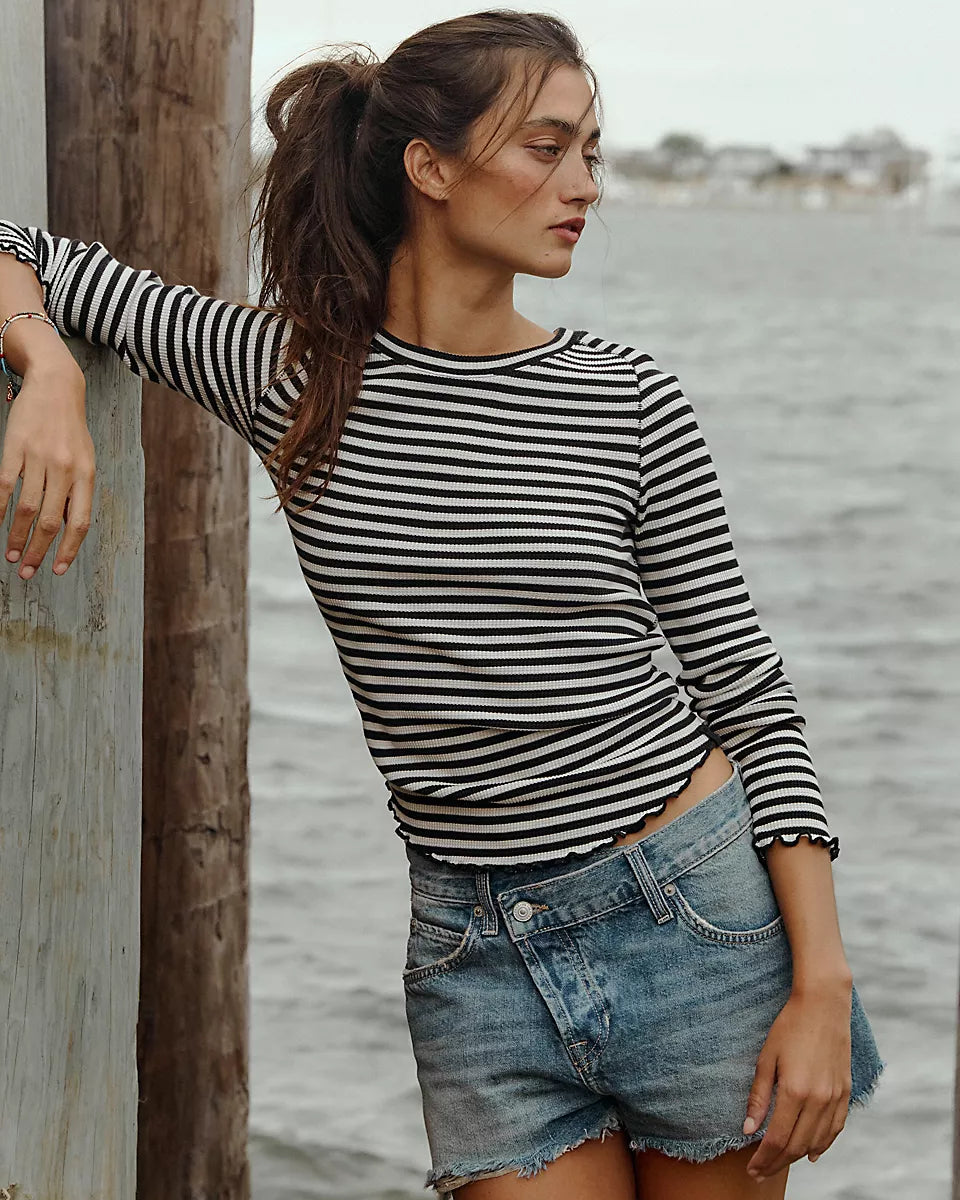 FREE PEOPLE EASY DOES IT STRIPE LS TEE - BLACK WHITE COMBO