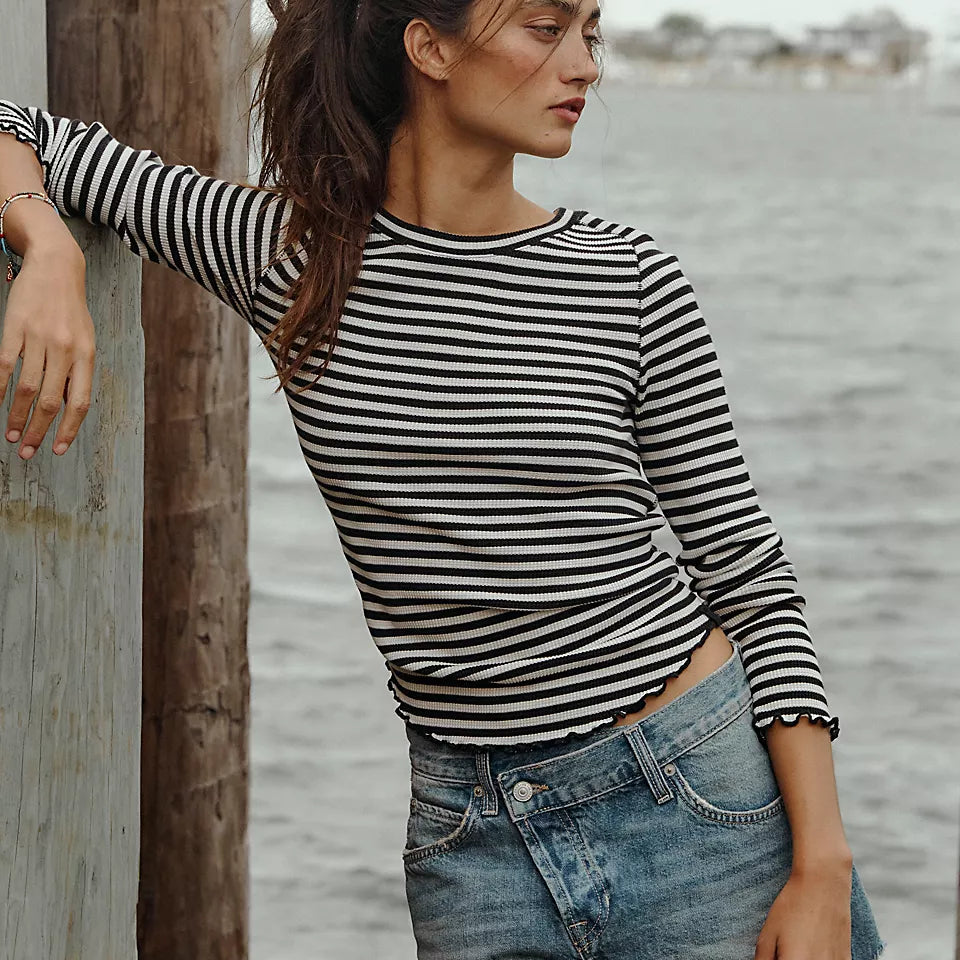 FREE PEOPLE EASY DOES IT STRIPE LS TEE - BLACK WHITE COMBO