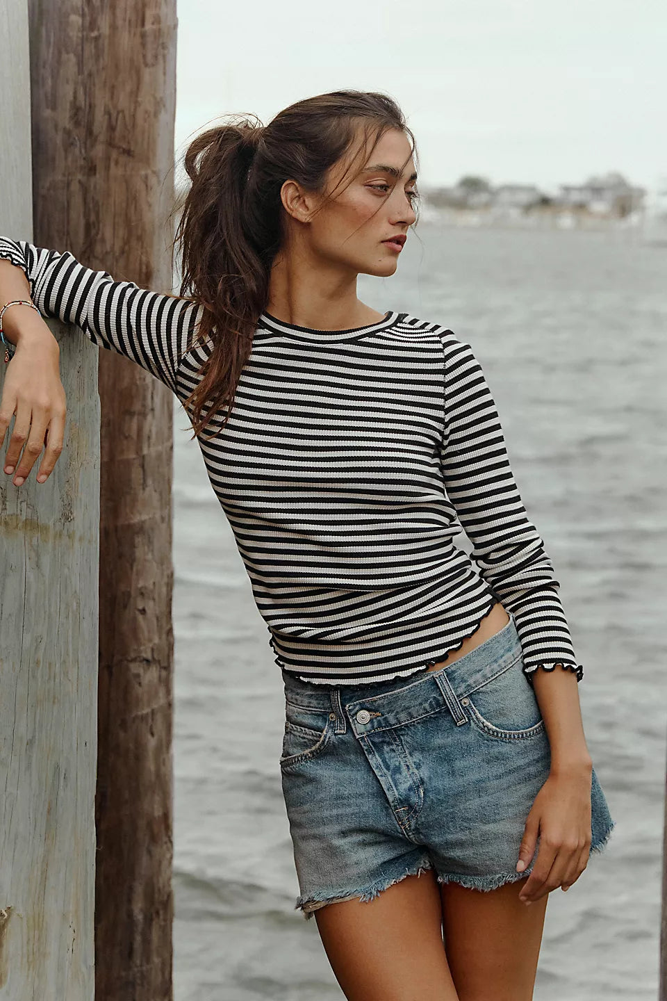FREE PEOPLE EASY DOES IT STRIPE LS TEE - BLACK WHITE COMBO