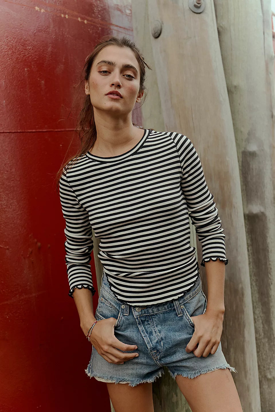 FREE PEOPLE EASY DOES IT STRIPE LS TEE - BLACK WHITE COMBO