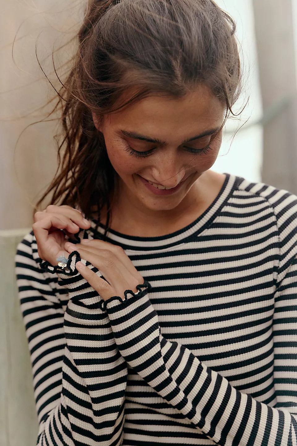 FREE PEOPLE EASY DOES IT STRIPE LS TEE - BLACK WHITE COMBO
