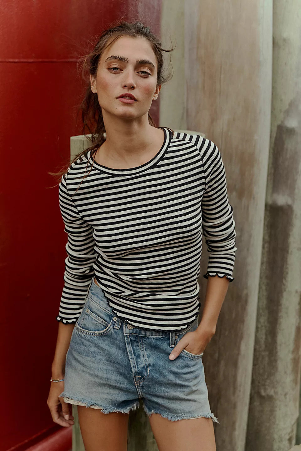 FREE PEOPLE EASY DOES IT STRIPE LS TEE - BLACK WHITE COMBO
