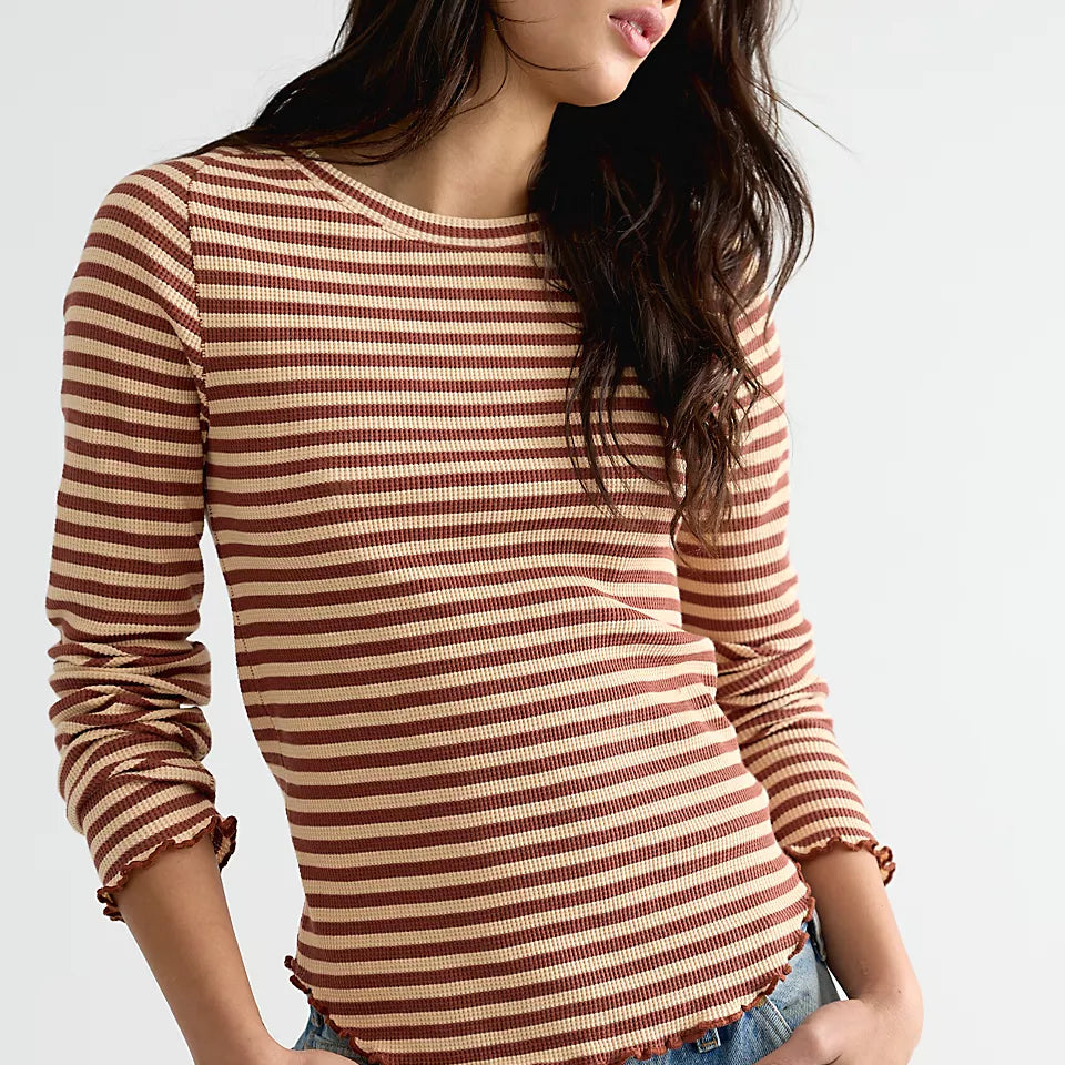 FREE PEOPLE EASY DOES IT STRIPE LS TEE - BROWN COMBO