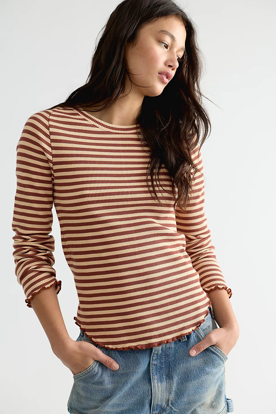 FREE PEOPLE EASY DOES IT STRIPE LS TEE - BROWN COMBO