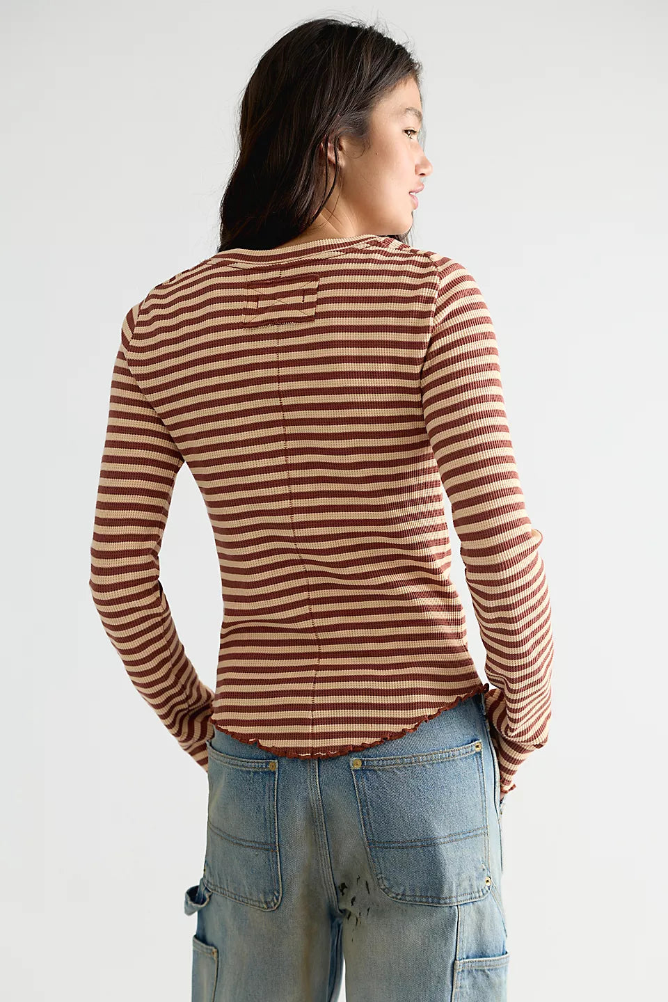 FREE PEOPLE EASY DOES IT STRIPE LS TEE - BROWN COMBO