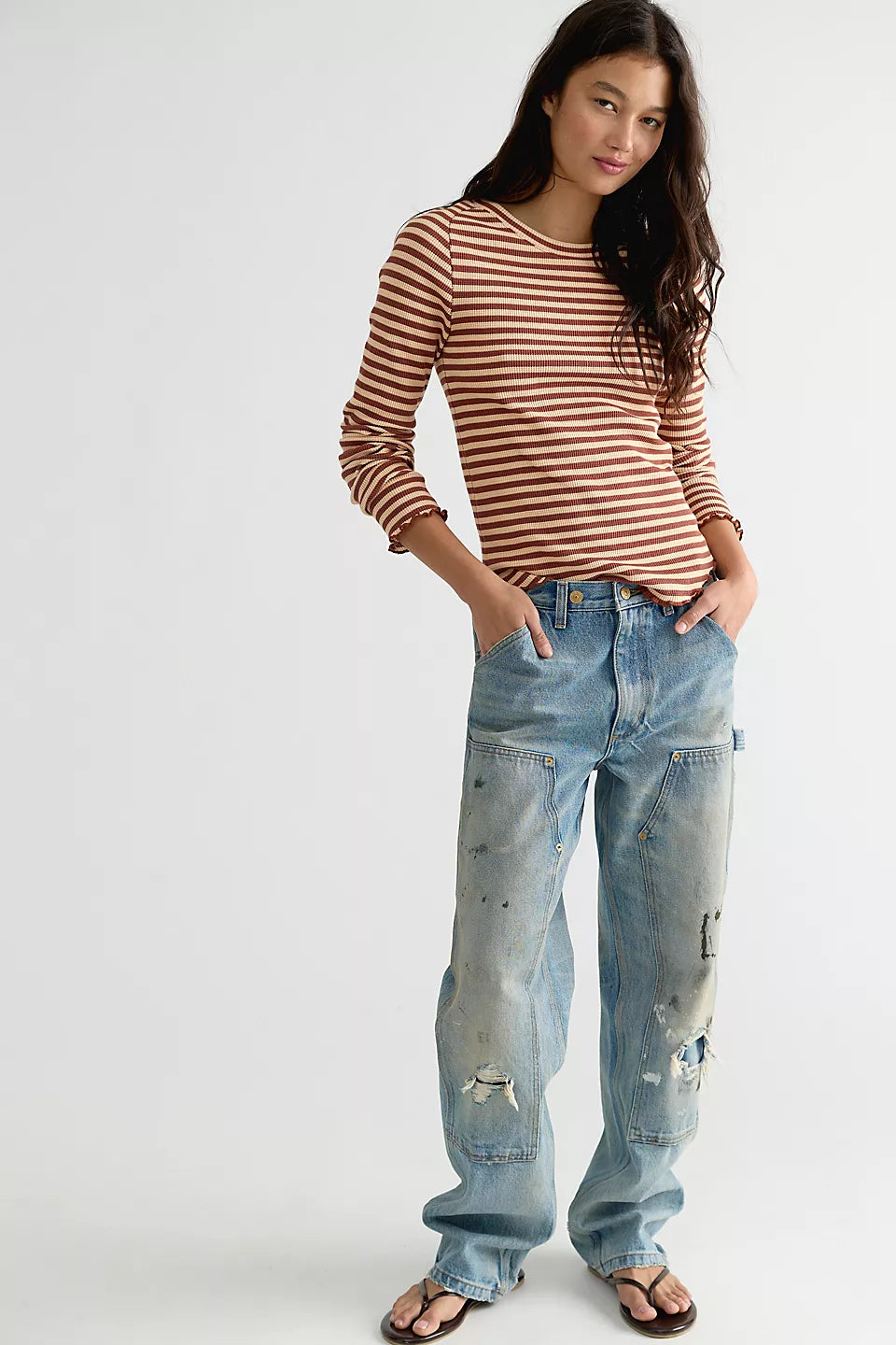 FREE PEOPLE EASY DOES IT STRIPE LS TEE - BROWN COMBO