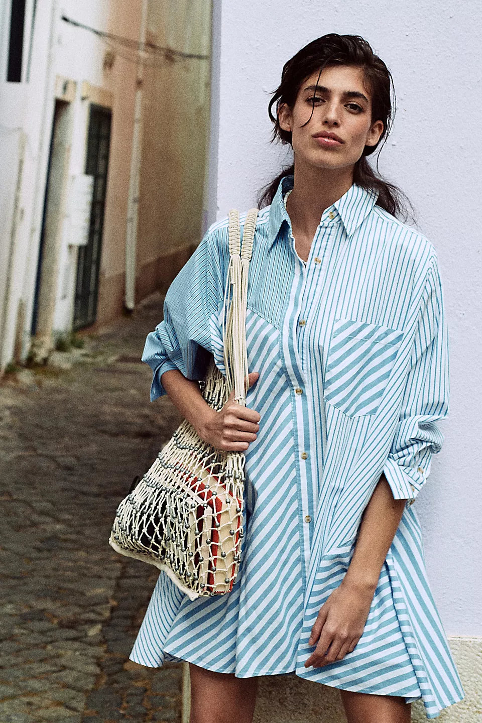 FREE PEOPLE OXFORD CLUB MINI DRESS - CORNFLOWER COMBO