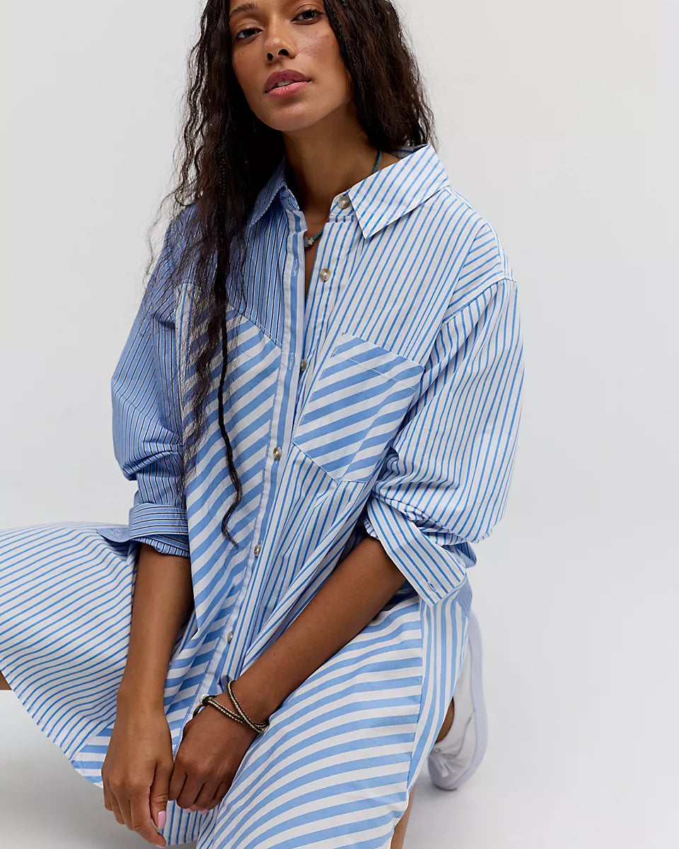 FREE PEOPLE OXFORD CLUB MINI DRESS - CORNFLOWER COMBO