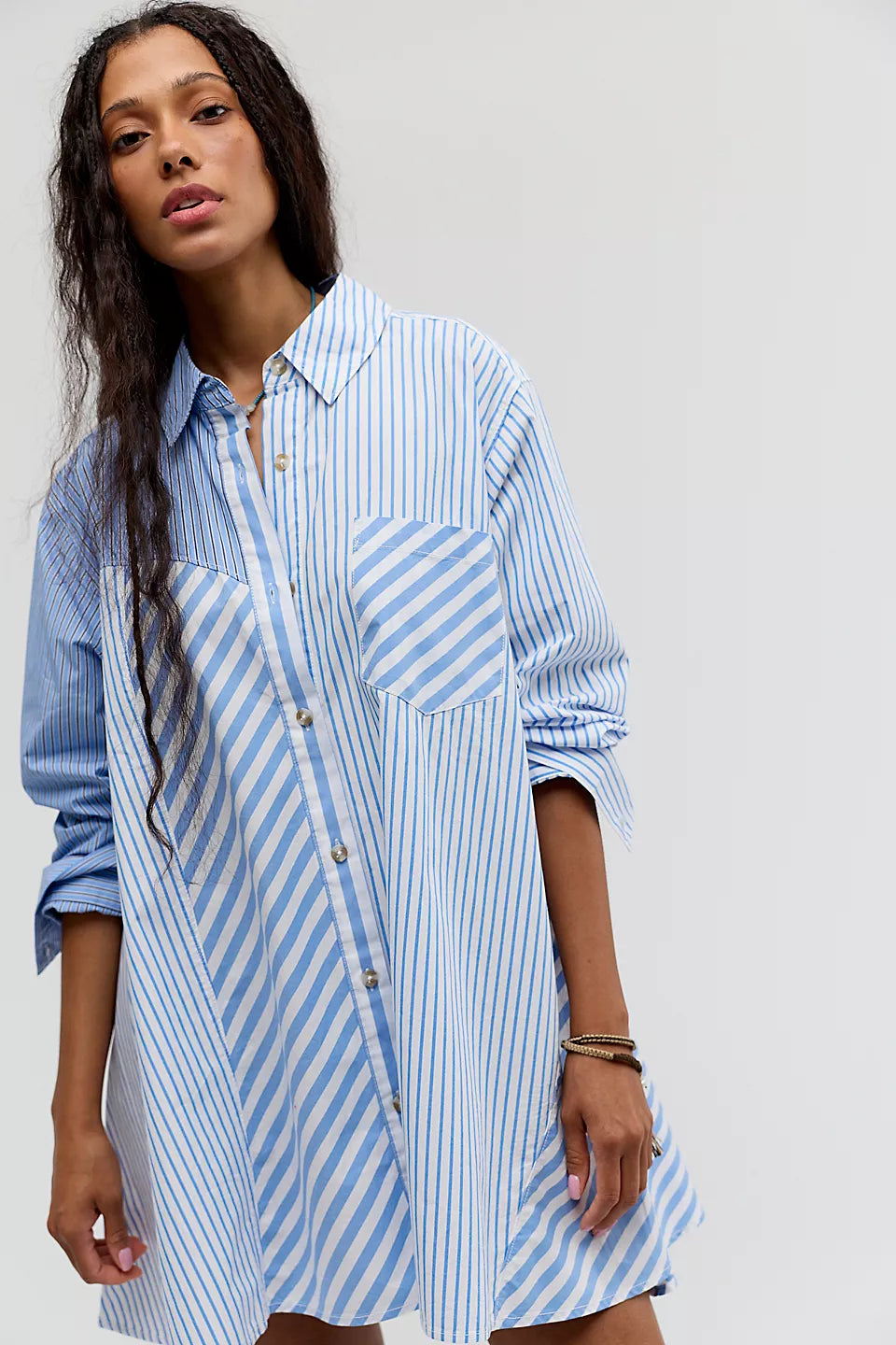 FREE PEOPLE OXFORD CLUB MINI DRESS - CORNFLOWER COMBO