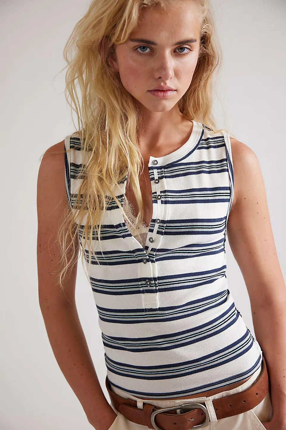 FREE PEOPLE JAMIE STRIPE HENLEY TANK - WHITE COMBO