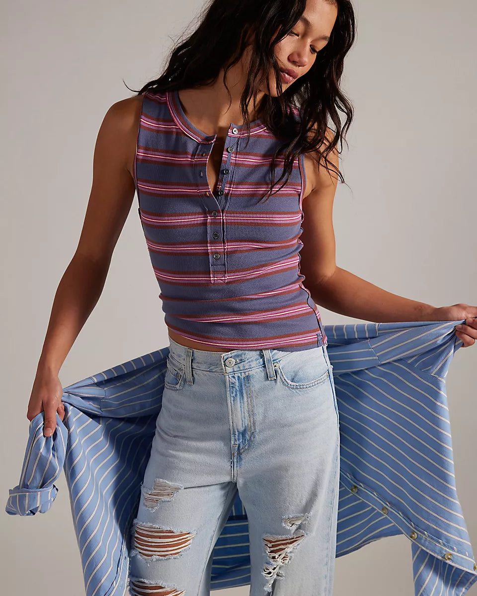 FREE PEOPLE JAMIE STRIPE HENLEY TANK -  NAVY COMBO