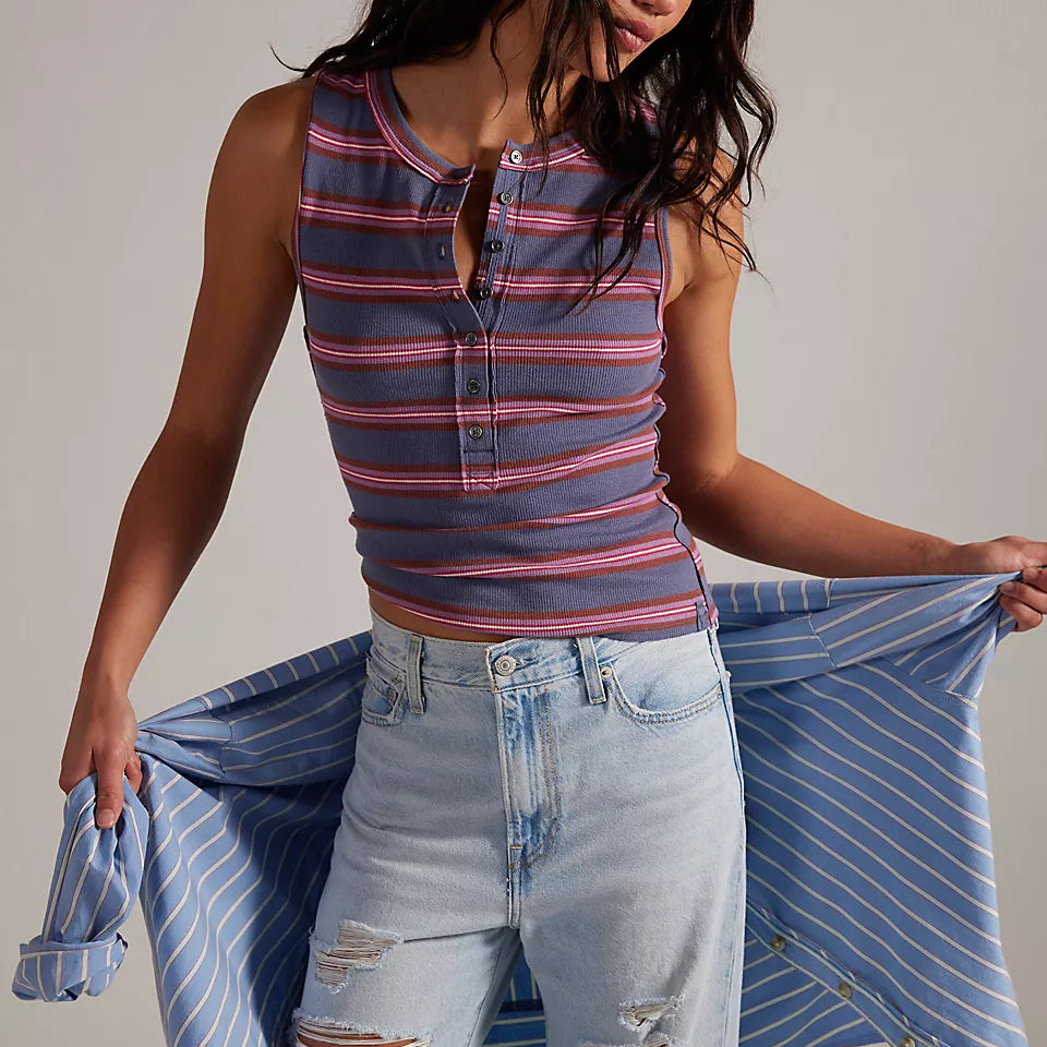 FREE PEOPLE JAMIE STRIPE HENLEY TANK -  NAVY COMBO