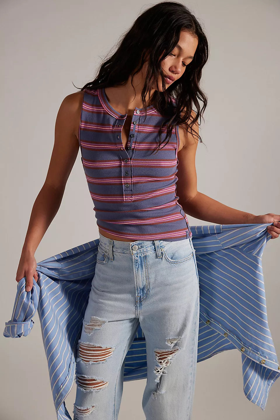 FREE PEOPLE JAMIE STRIPE HENLEY TANK -  NAVY COMBO