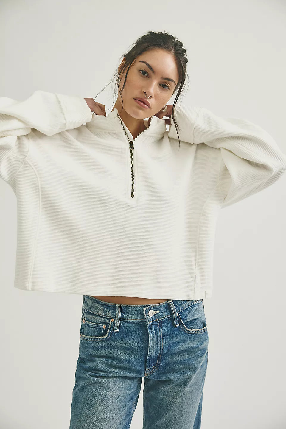 FREE PEOPLE CELESTE QUARTERZIP PULLOVER - CLEAN IVORY
