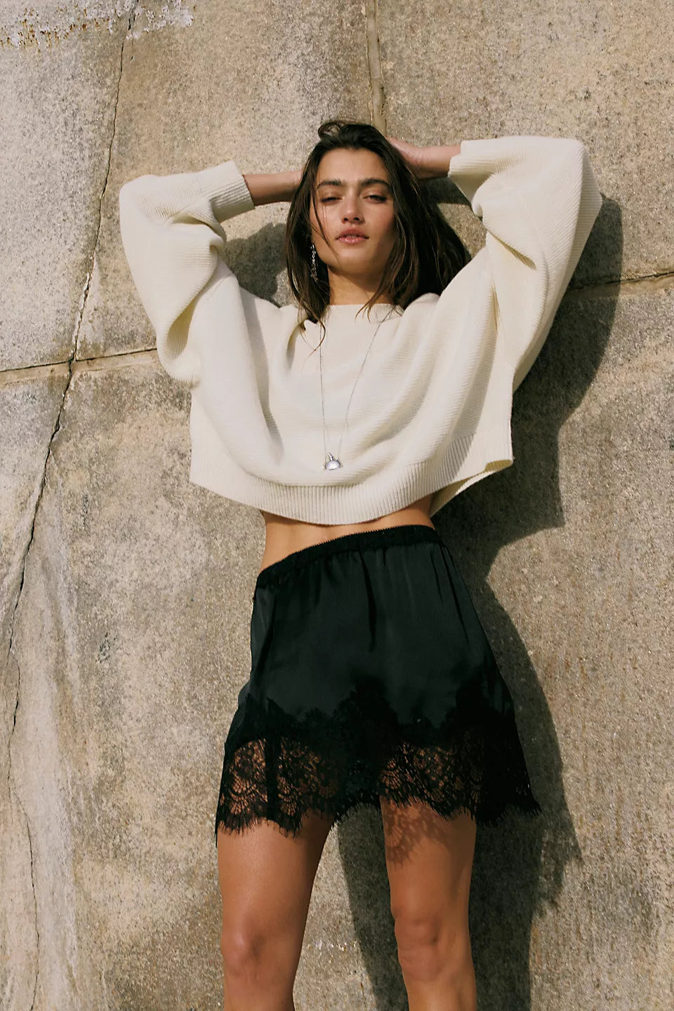 FREE PEOPLE MEET IN THE MIDDLE SLIP SKIRT - BLACK
