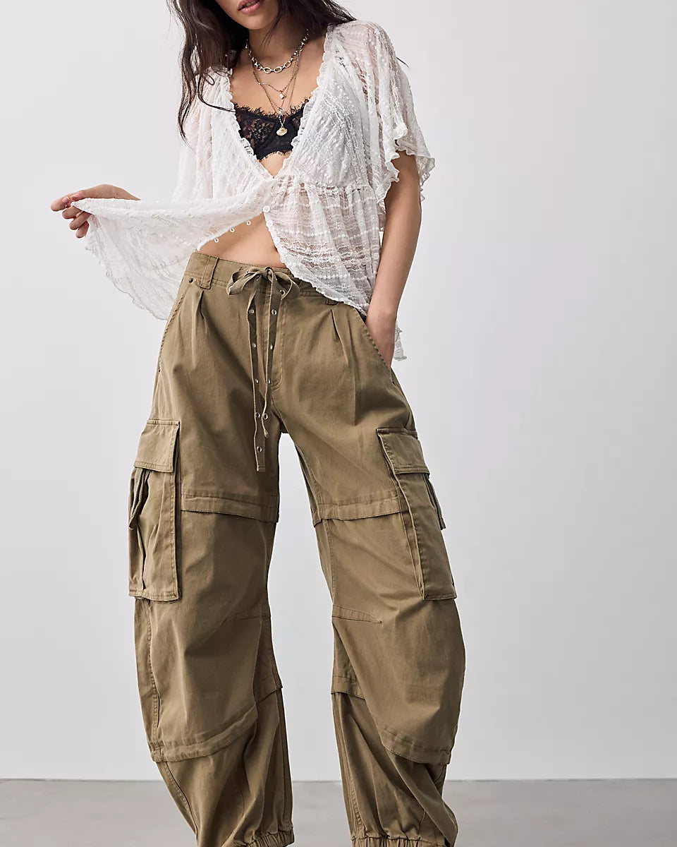 FREE PEOPLE REEF CURVED CARGO TWILL PANT - ALOE