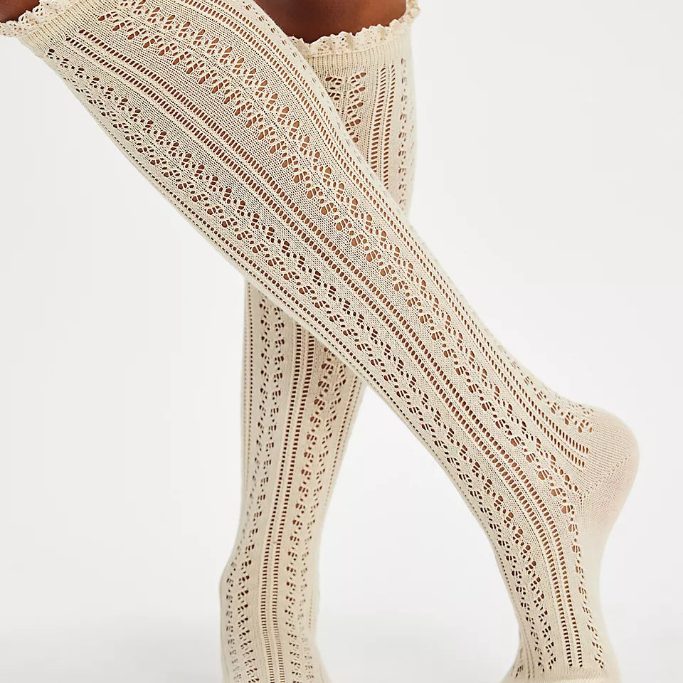 FREE PEOPLE MISTY NET POINTELLE TALL SOCKS - CREAM
