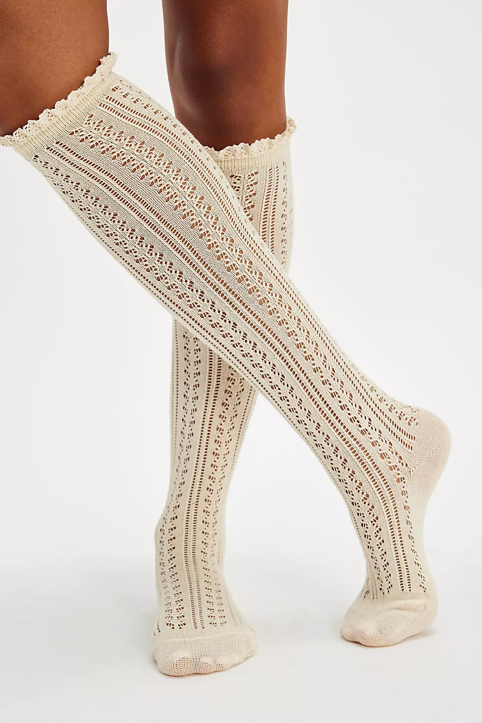 FREE PEOPLE MISTY NET POINTELLE TALL SOCKS - CREAM