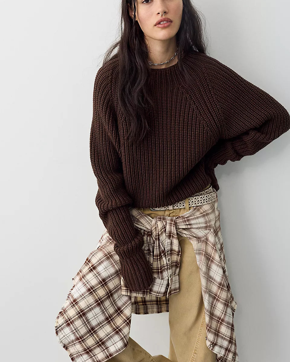 FREE PEOPLE LOW TIDE KNIT PULLOVER - CHOCOLATE