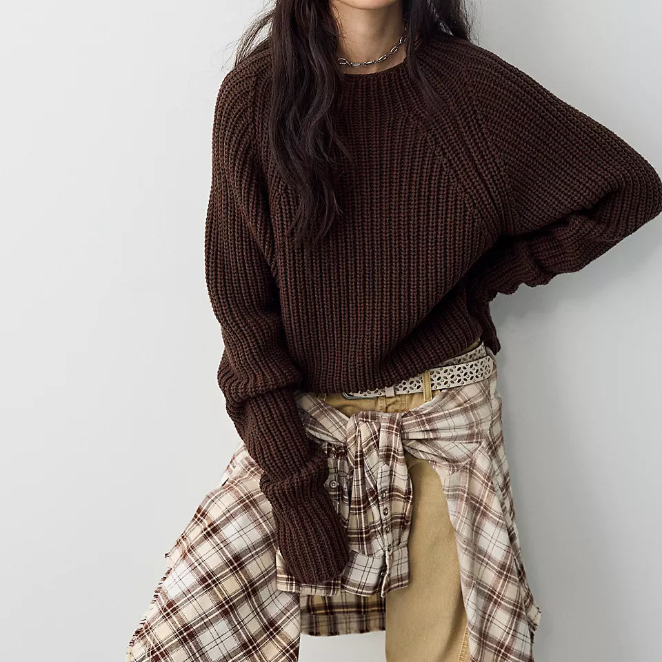 FREE PEOPLE LOW TIDE KNIT PULLOVER - CHOCOLATE